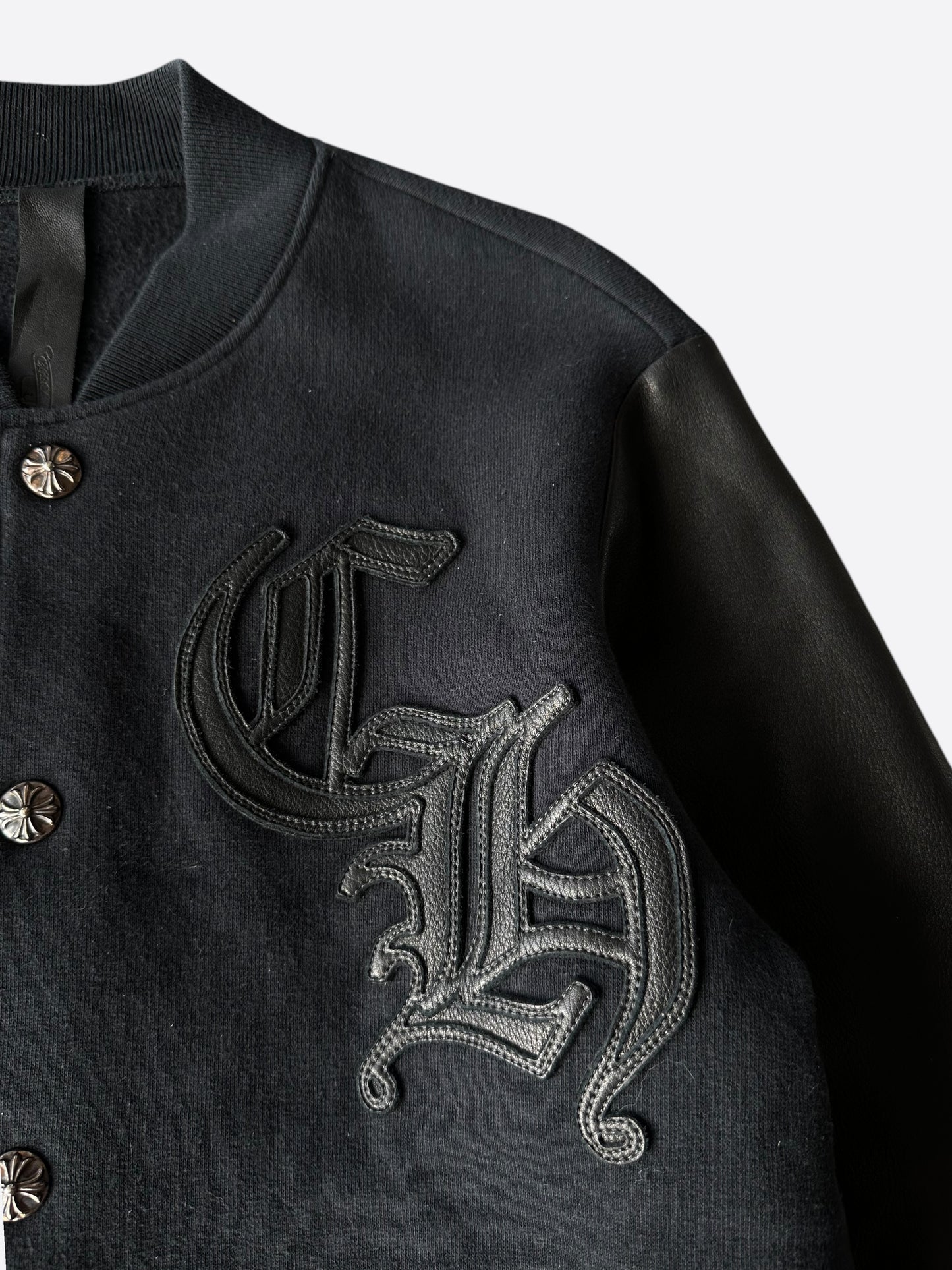 Chrome Hearts Black Leather Varsity Jacket