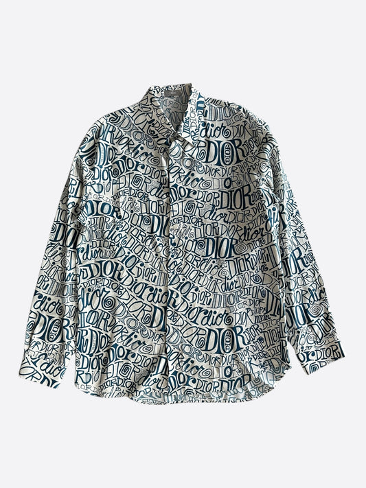 Dior White & Blue Stussy All Over Print Button Up Shirt