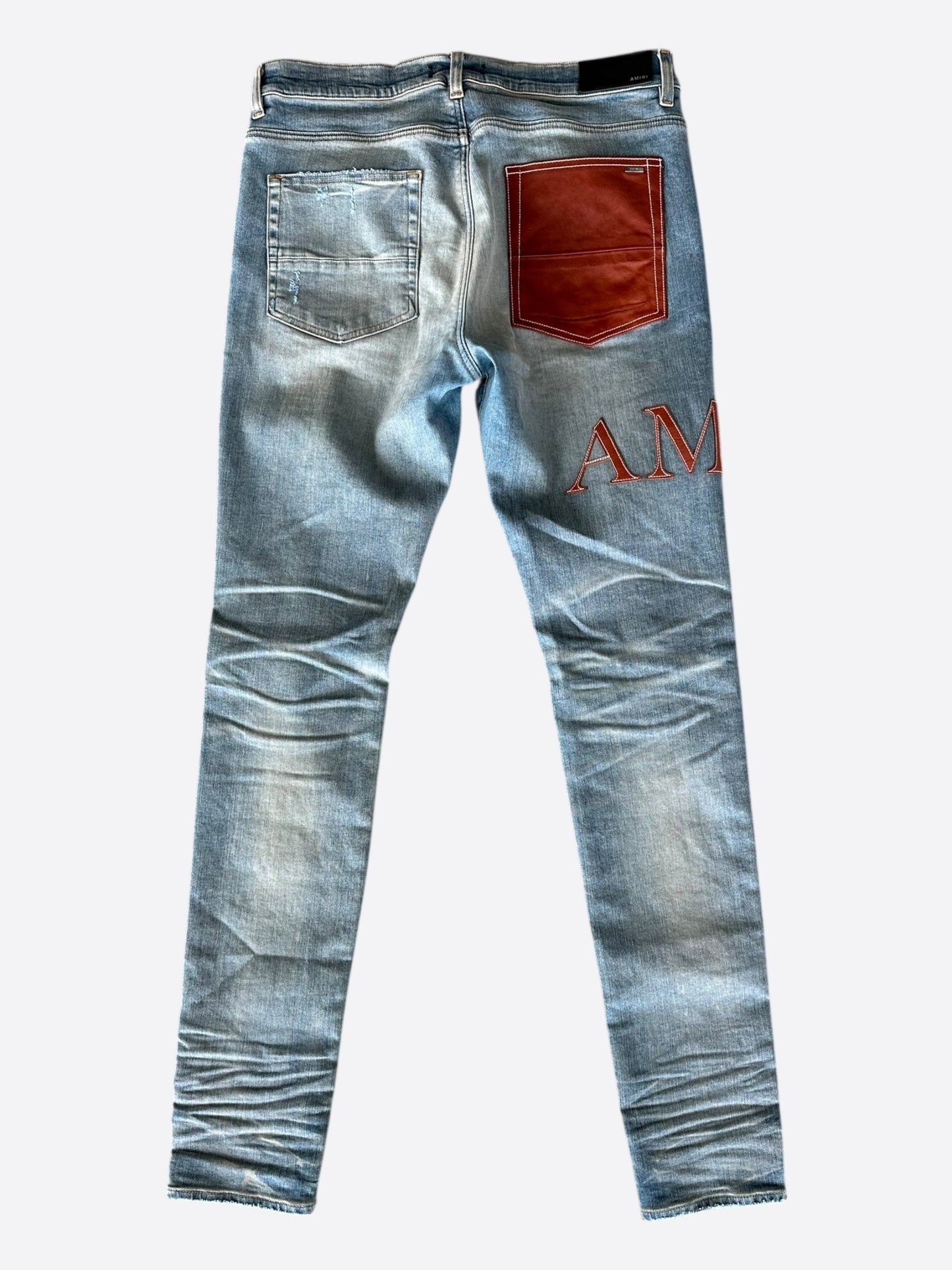 Amiri Clay Indigo Red Leather Core Applique Logo Jeans