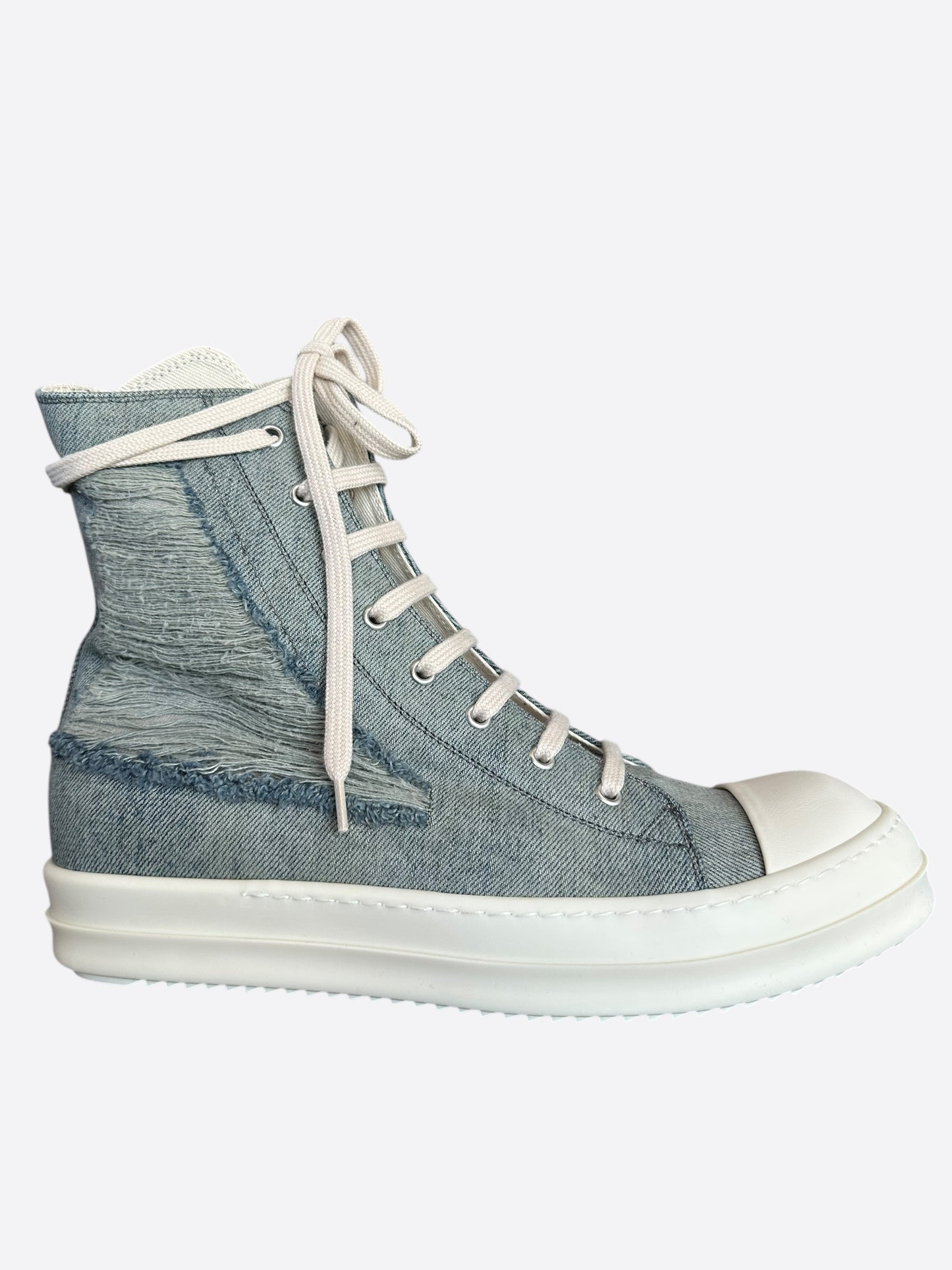 Rick Owens Blue & White Distressed Denim High Top Sneakers