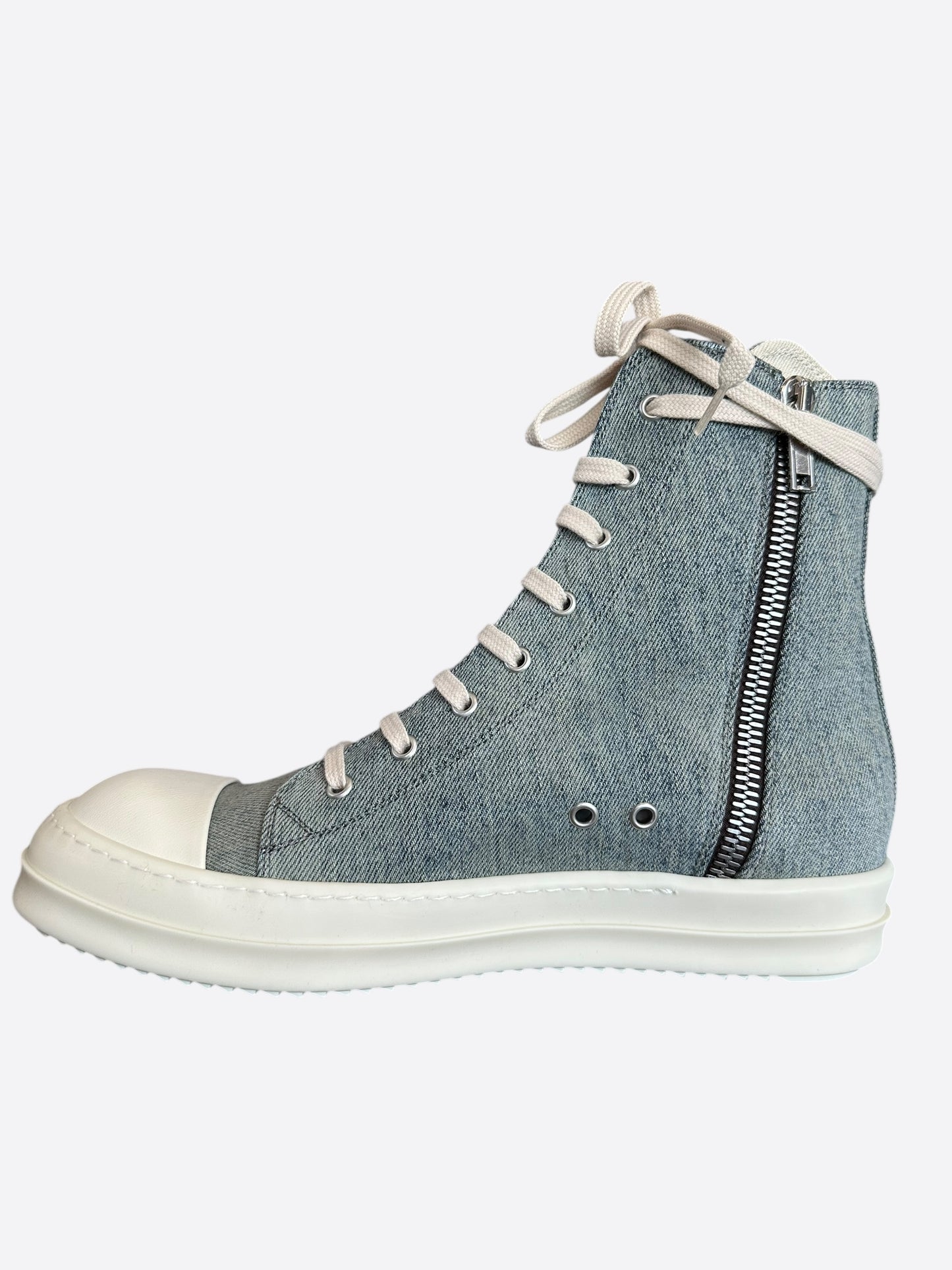 Rick Owens Blue & White Distressed Denim High Top Sneakers