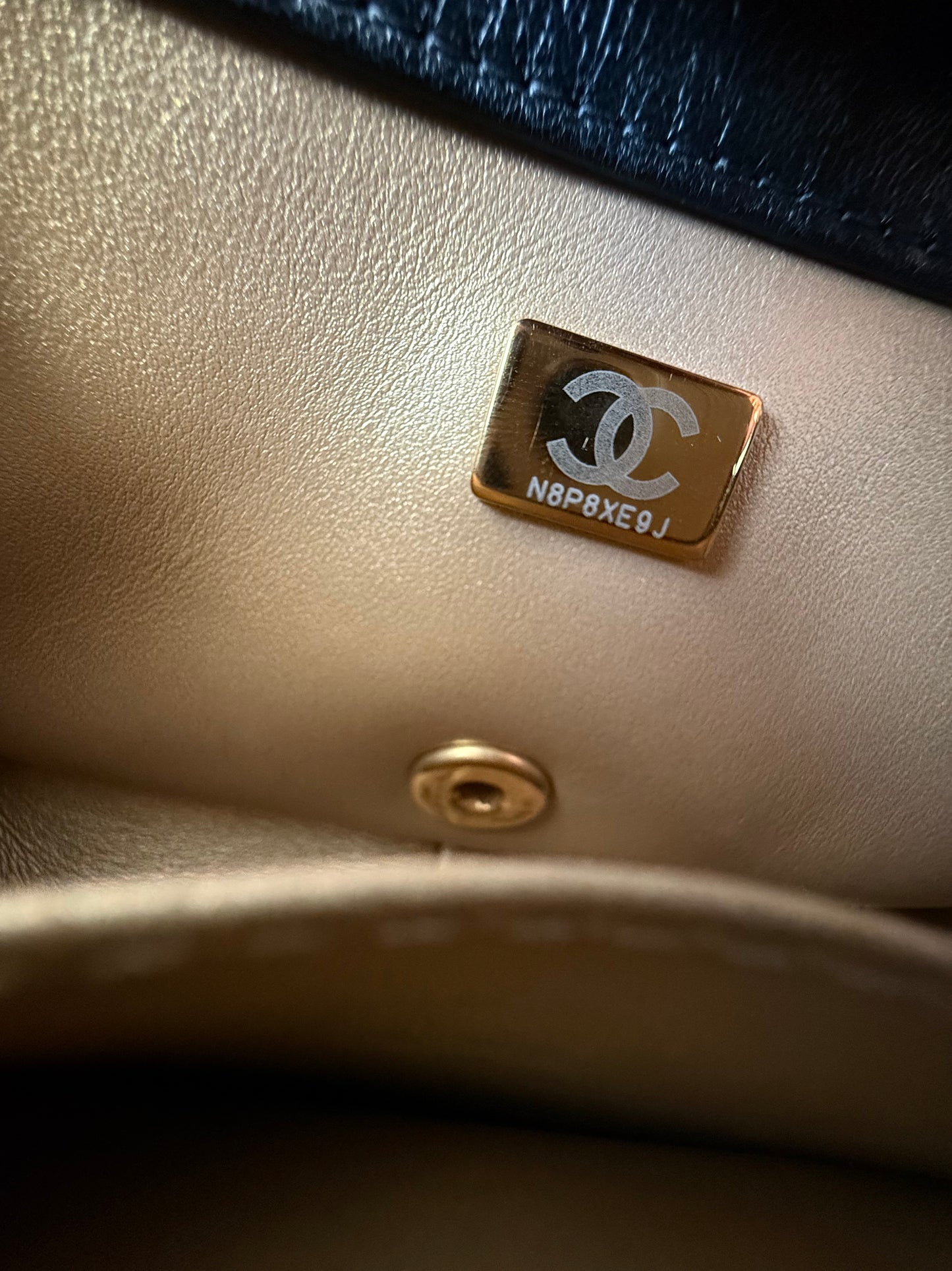 Chanel Black Lambskin Quilted Mini Pearl Logo Flap Bag