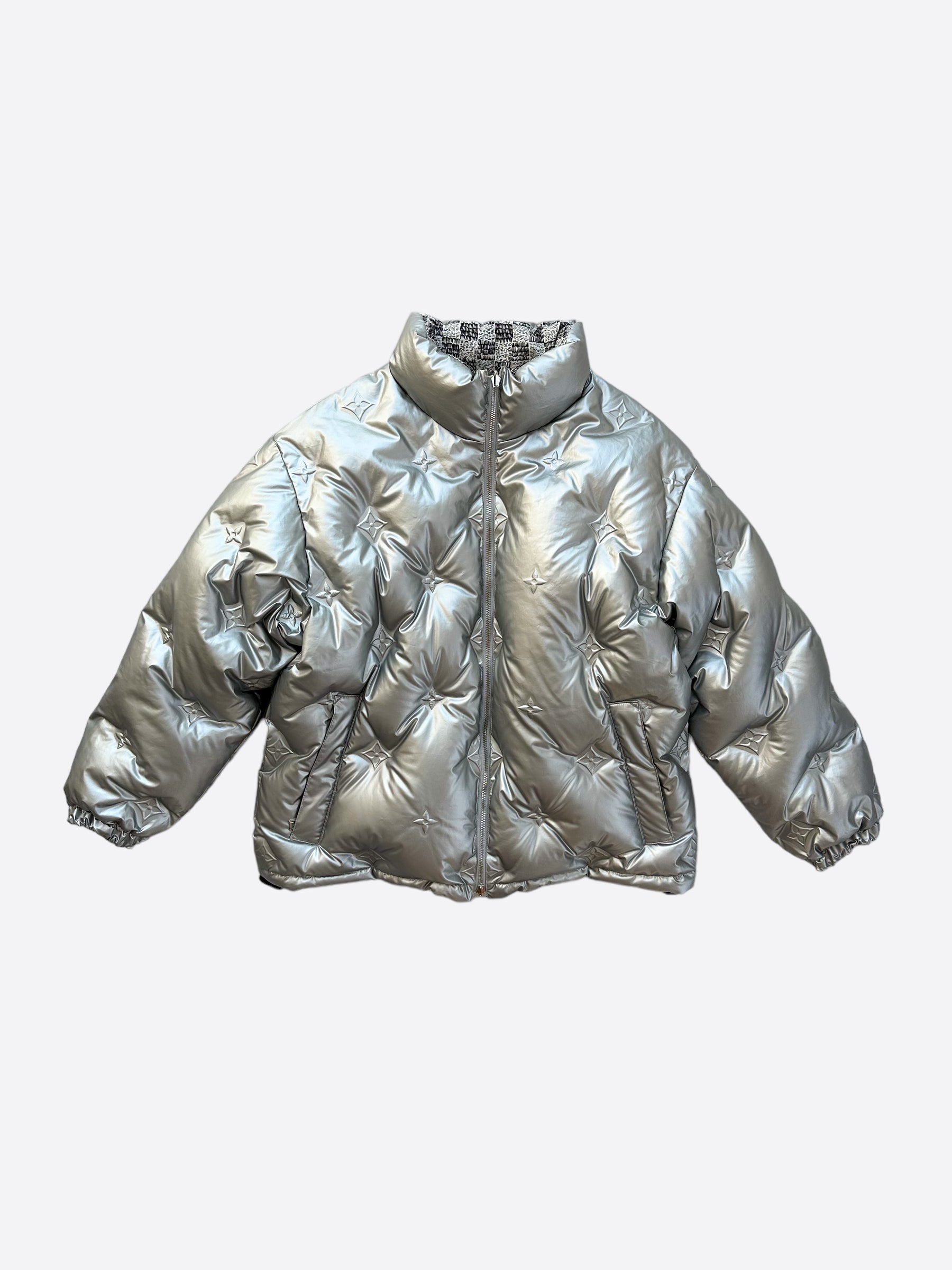 Louis Vuitton Metallic Monogram Flowers Reversible Puffer Jacket Silver. Size 36