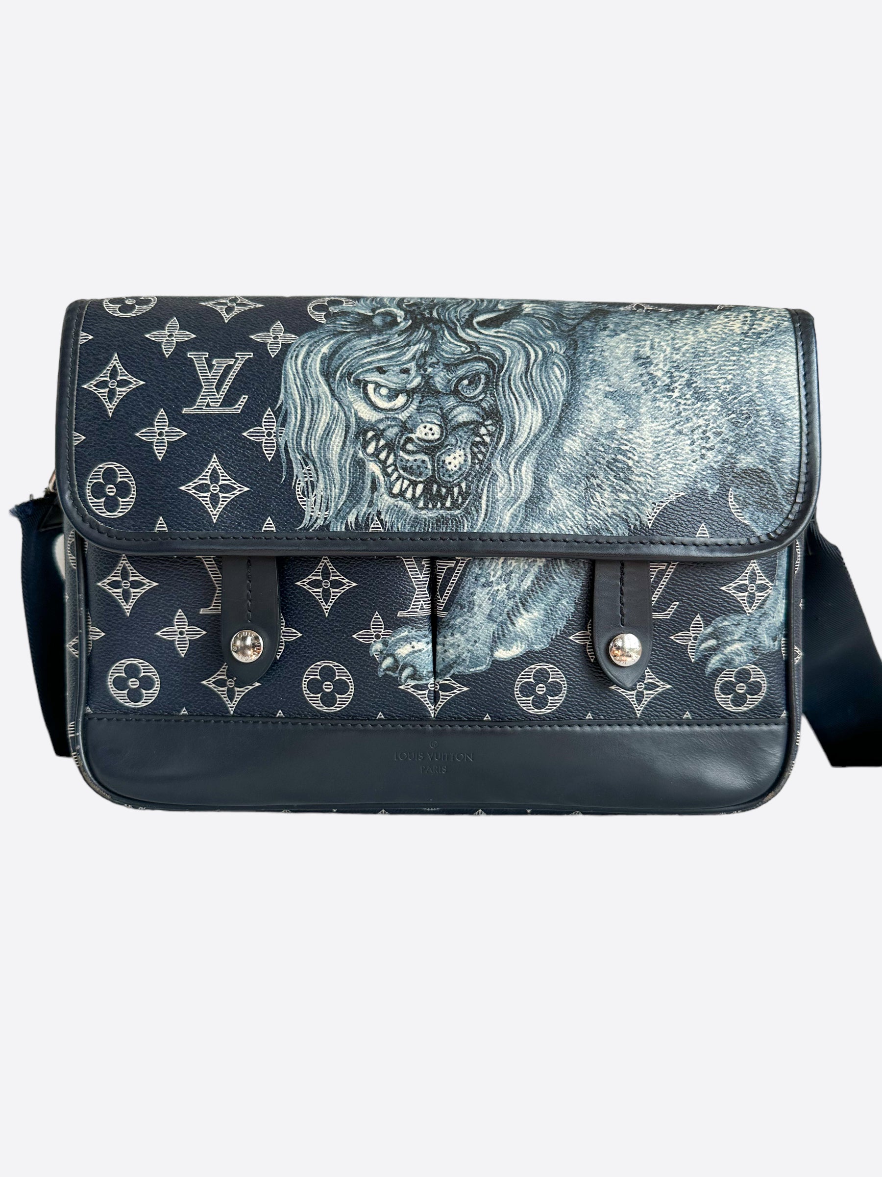 Louis Vuitton Chapman Brothers Blue Savane Monogram Lion Messenger Bag