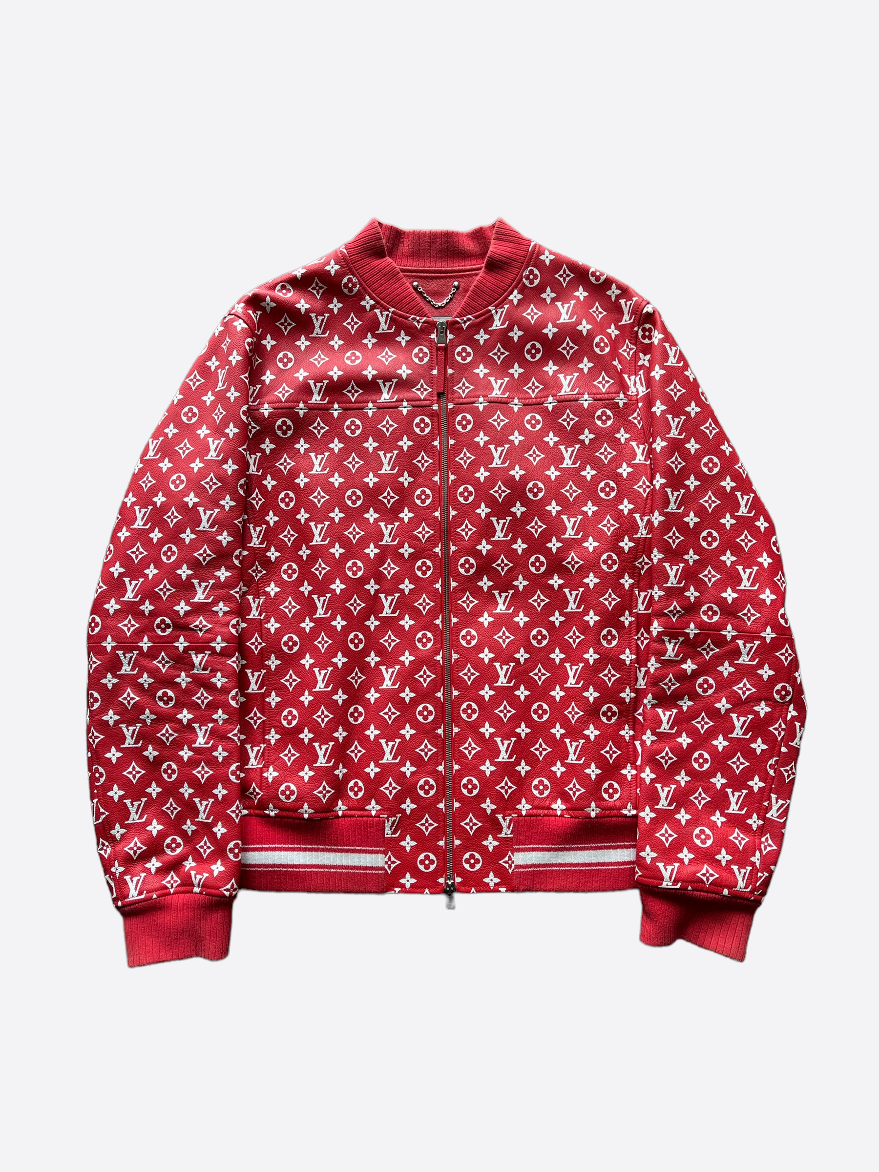 A RED & WHITE LEATHER BOMBER JACKET BY SUPREME, LOUIS VUITTON, 2017