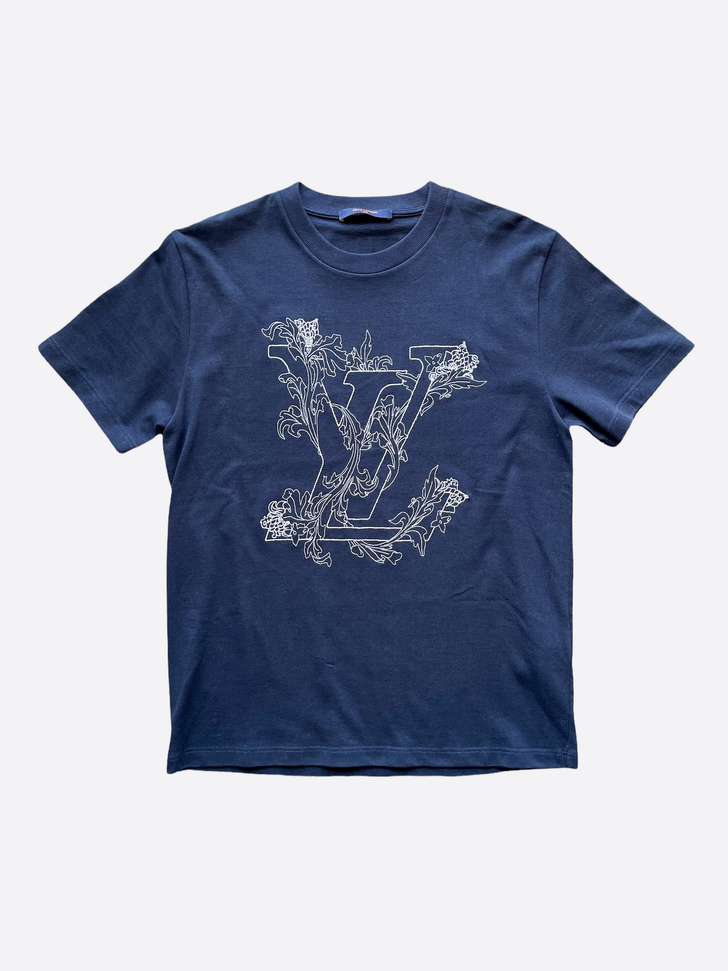 Louis Vuitton Navy Embroidered Flowers Logo Tee