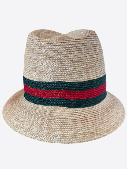 Gucci Beige, Red & Green Stripe Straw Fedora Hat