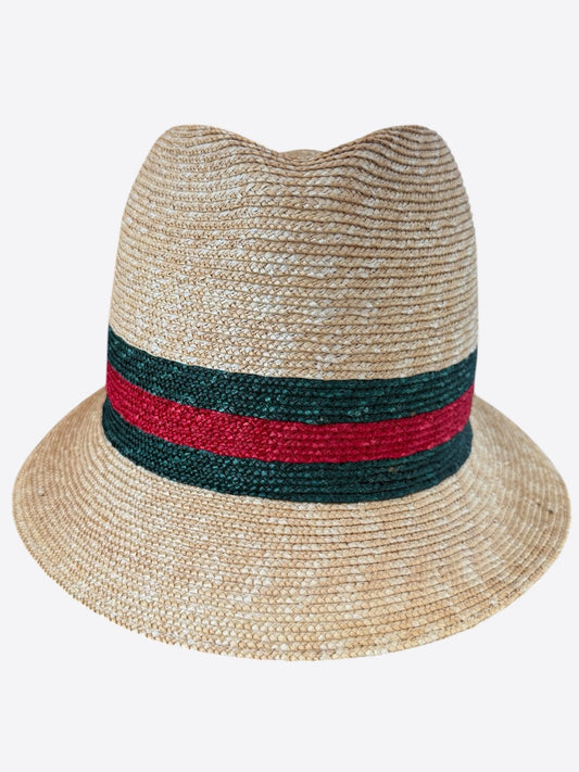 Gucci Beige, Red & Green Stripe Straw Fedora Hat