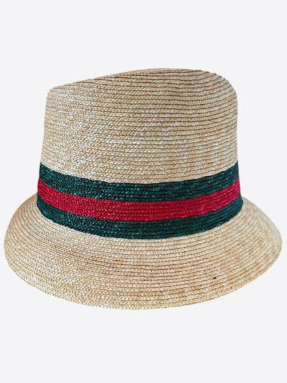 Gucci Beige, Red & Green Stripe Straw Fedora Hat