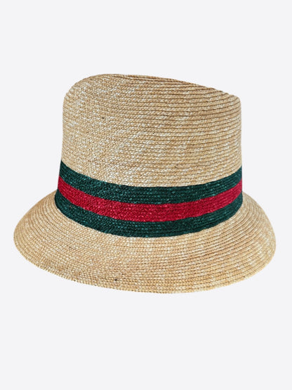 Gucci Beige, Red & Green Stripe Straw Fedora Hat