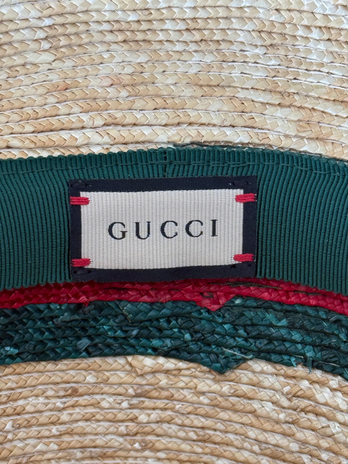 Gucci Beige, Red & Green Stripe Straw Fedora Hat