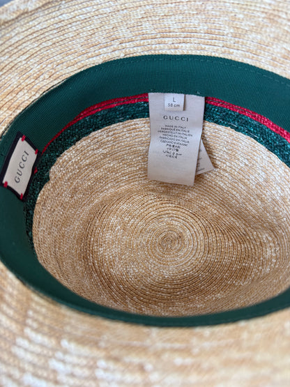 Gucci Beige, Red & Green Stripe Straw Fedora Hat