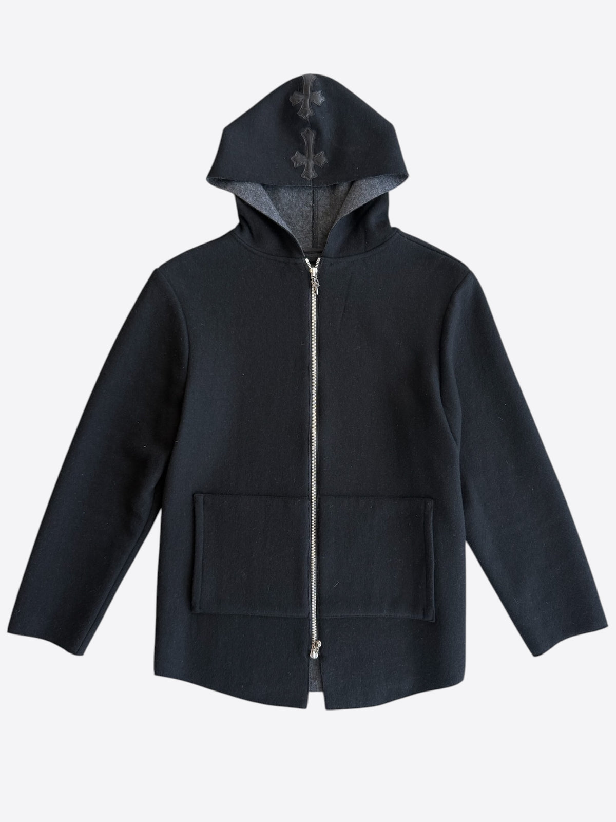 Chrome Hearts Black Leather Cross Patch Cashmere Zip Up Hoodie