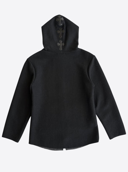 Chrome Hearts Black Leather Cross Patch Cashmere Zip Up Hoodie