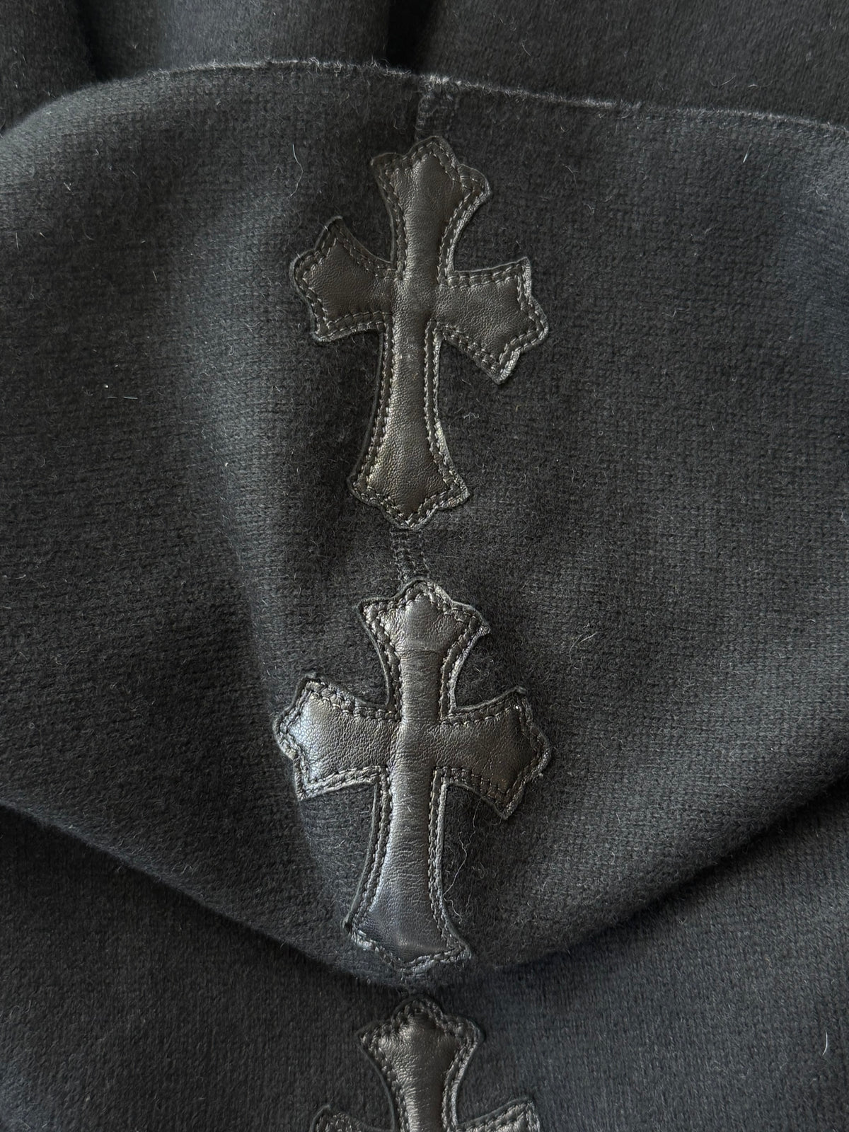 Chrome Hearts Black Leather Cross Patch Cashmere Zip Up Hoodie