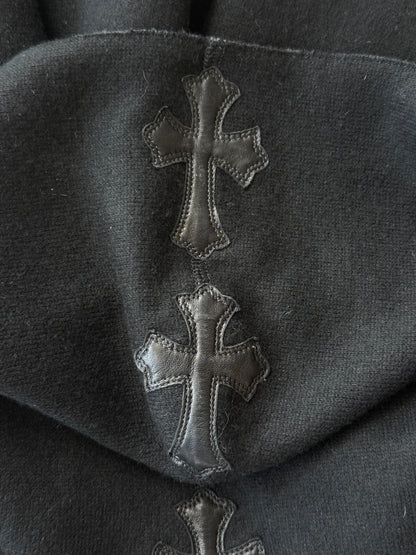 Chrome Hearts Black Leather Cross Patch Cashmere Zip Up Hoodie