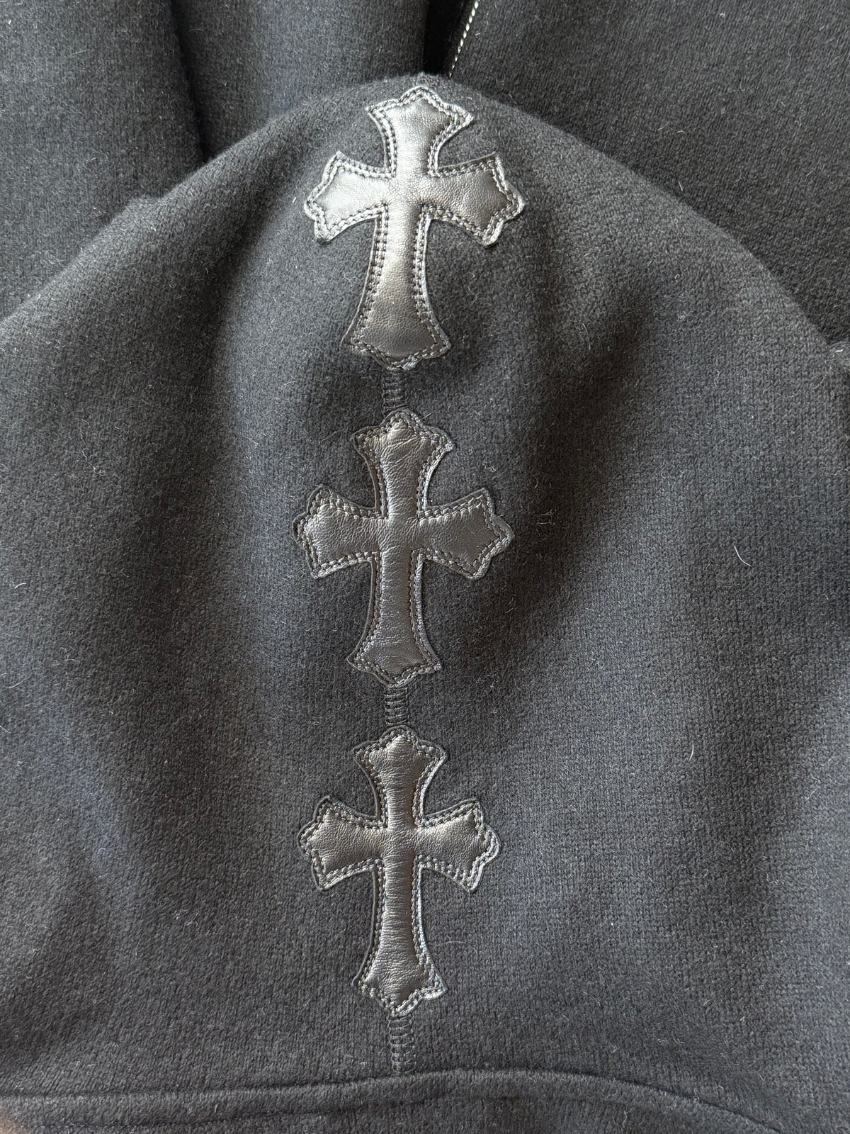 Chrome Hearts Black Leather Cross Patch Cashmere Zip Up Hoodie