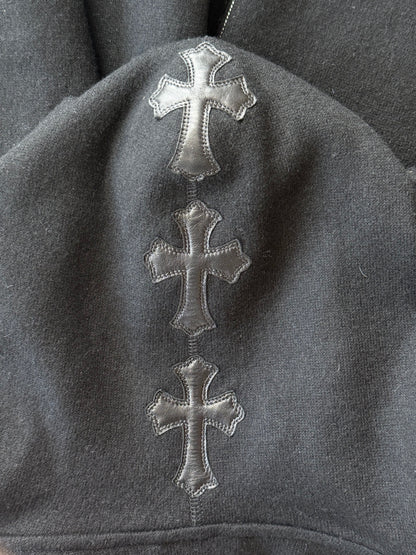 Chrome Hearts Black Leather Cross Patch Cashmere Zip Up Hoodie