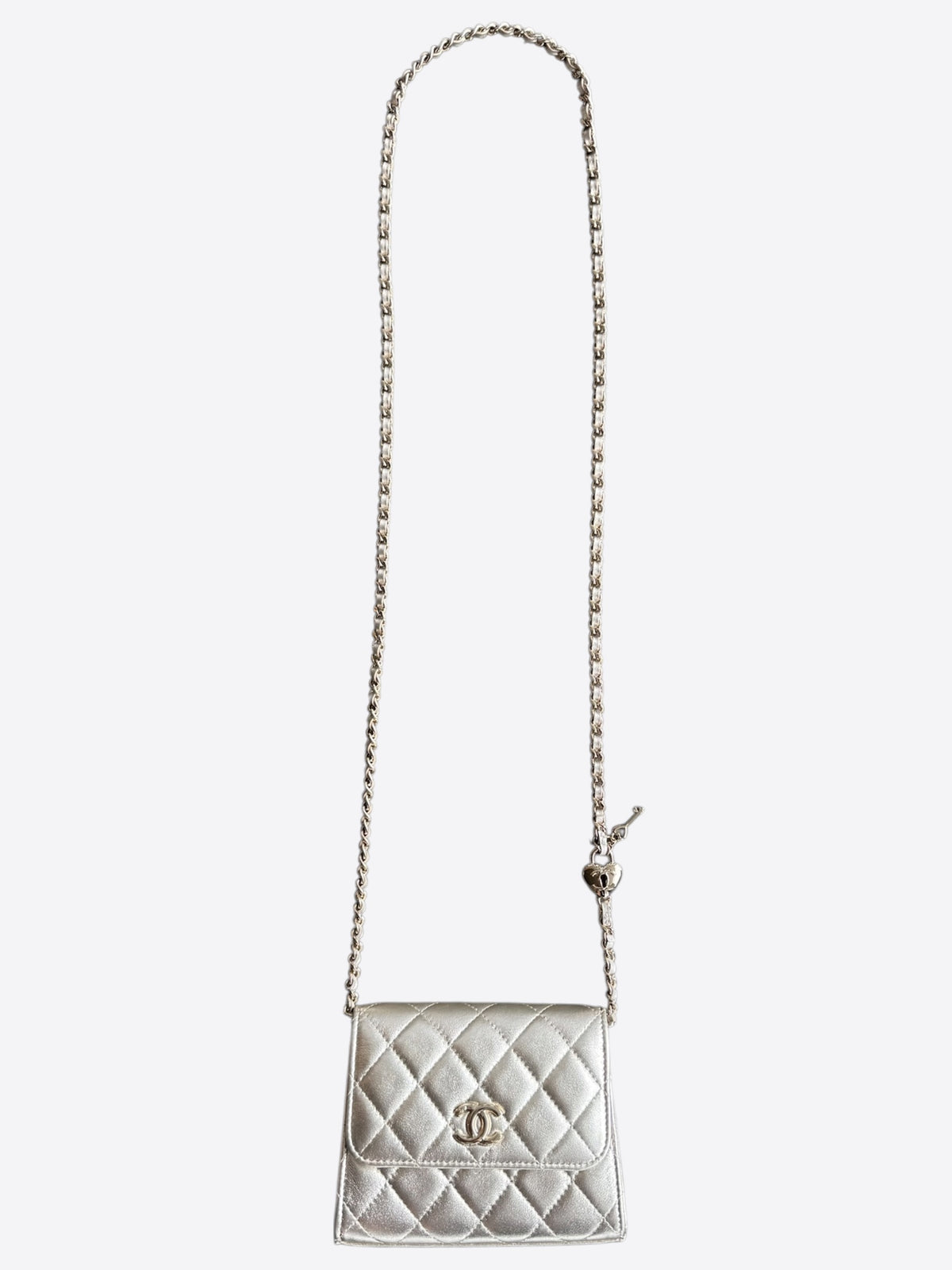 Chanel Silver Lambskin Quilted Mini Heart Charm Wallet on Chain