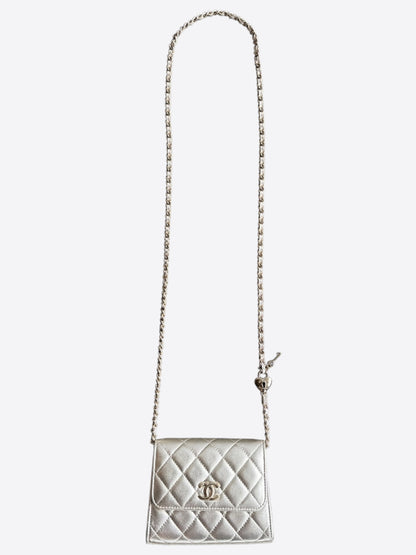 Chanel Silver Lambskin Quilted Mini Heart Charm Wallet on Chain