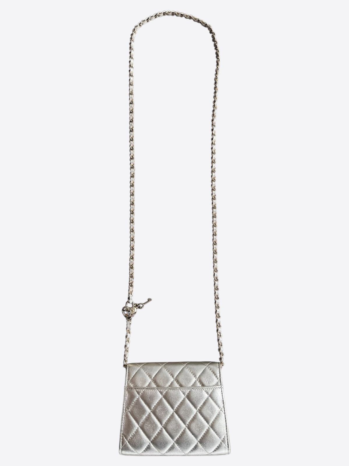 Chanel Silver Lambskin Quilted Mini Heart Charm Wallet on Chain