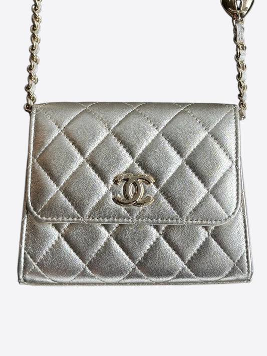 Chanel Silver Lambskin Quilted Mini Heart Charm Wallet on Chain