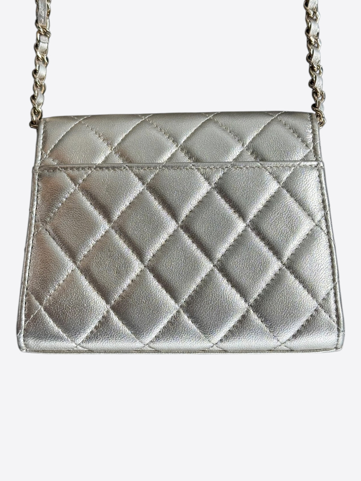 Chanel Silver Lambskin Quilted Mini Heart Charm Wallet on Chain