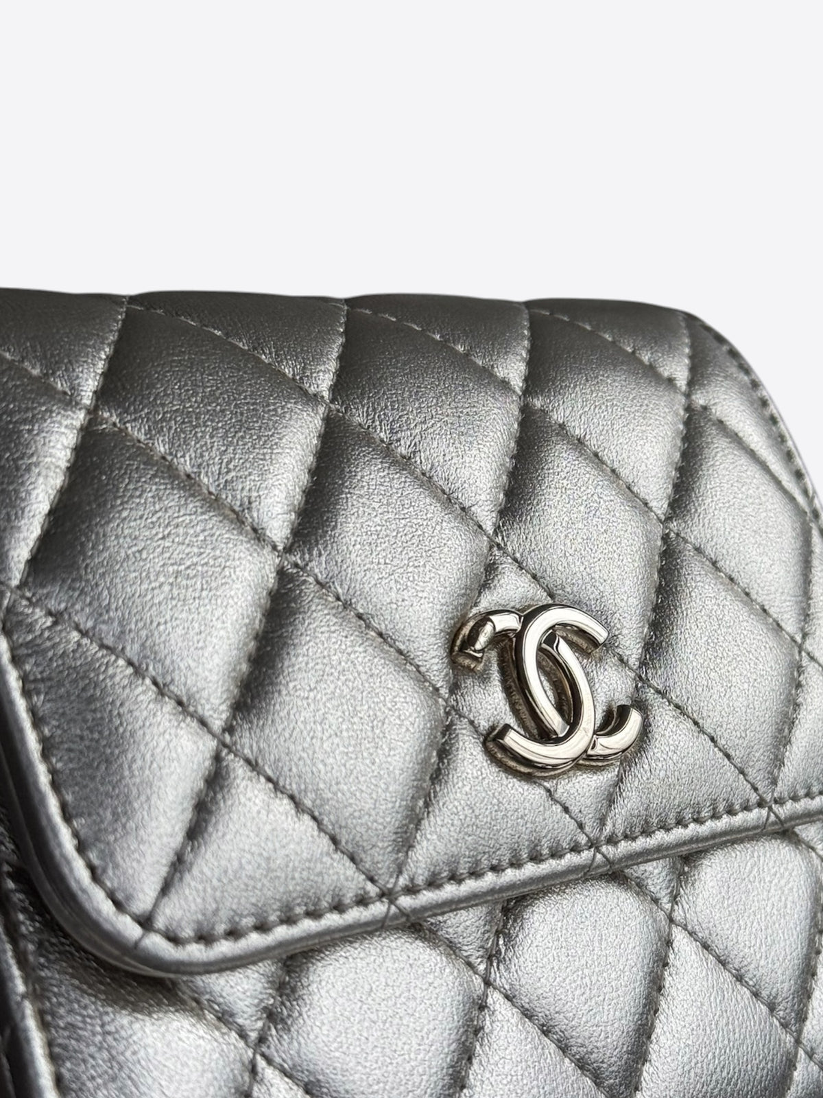 Chanel Silver Lambskin Quilted Mini Heart Charm Wallet on Chain