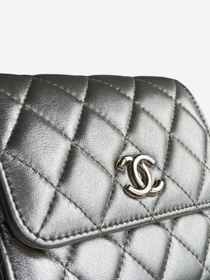 Chanel Silver Lambskin Quilted Mini Heart Charm Wallet on Chain