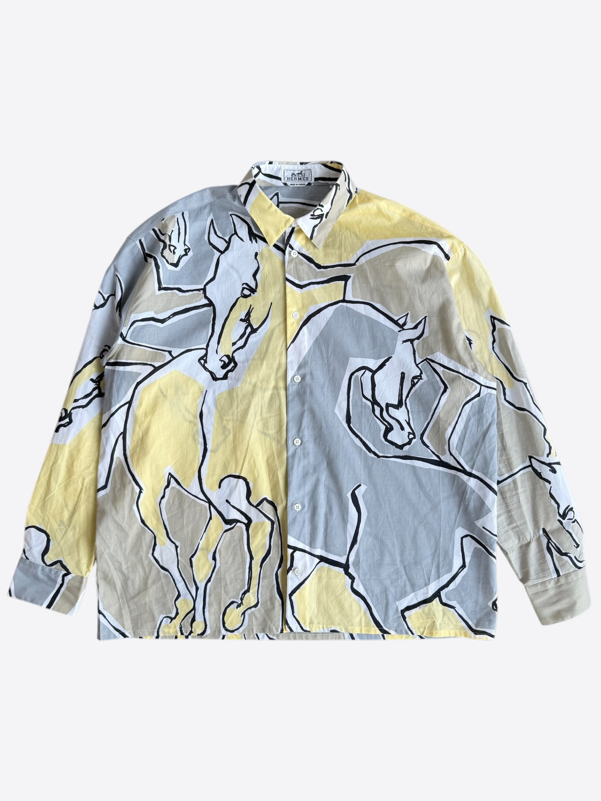 Hermes Grey & Yellow Horse Graphic Button Up Shirt