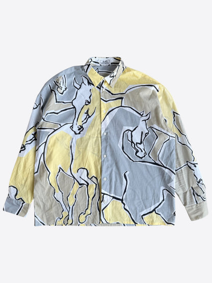 Hermes Grey & Yellow Horse Graphic Button Up Shirt