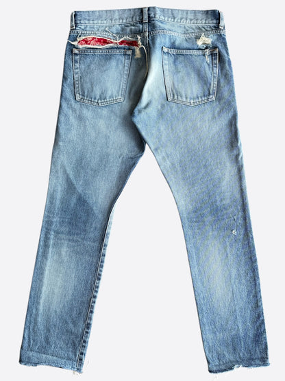 Saint Laurent Light Blue Bandana Patch Distressed Jeans