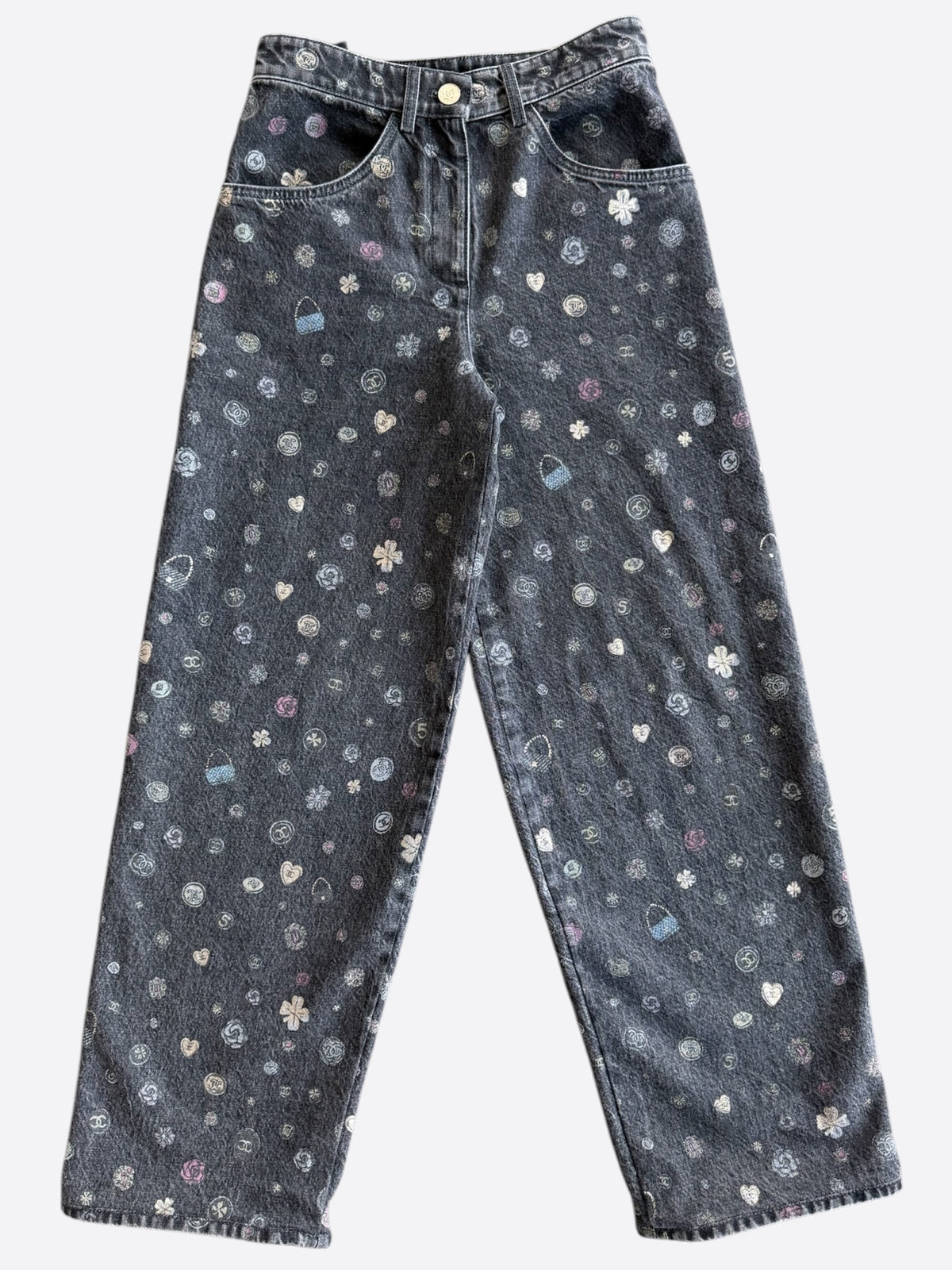 Chanel Faded Black & Multicolor Cartoon Graphic Women's Denim Jeans