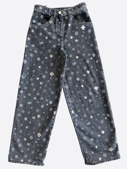Chanel Faded Black & Multicolor Cartoon Graphic Women's Denim Jeans
