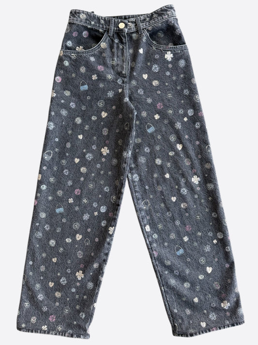 Chanel Faded Black & Multicolor Cartoon Graphic Women's Denim Jeans