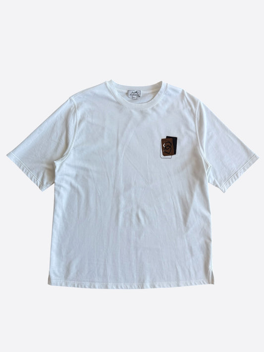 Hermes White & Brown Jeu d'Adresse Leather Patch T-Shirt