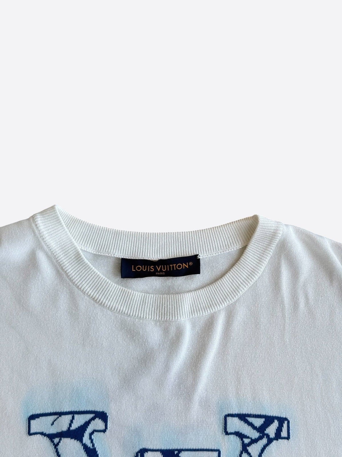 Louis Vuitton White & Blue Ice Logo Intarsia T-Shirt