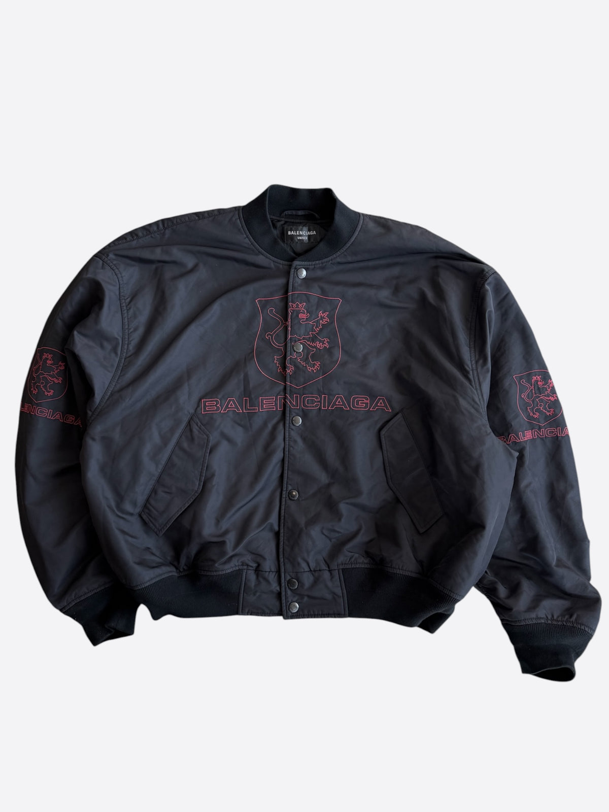 Balenciaga Black & Red Lion Club Embroidered Logo Bomber Jacket