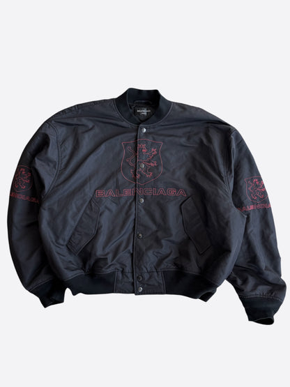 Balenciaga Black & Red Lion Club Embroidered Logo Bomber Jacket