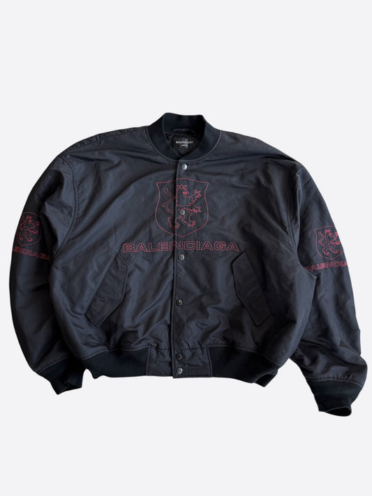 Balenciaga Black & Red Lion Club Embroidered Logo Bomber Jacket
