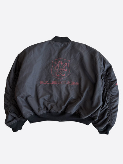 Balenciaga Black & Red Lion Club Embroidered Logo Bomber Jacket