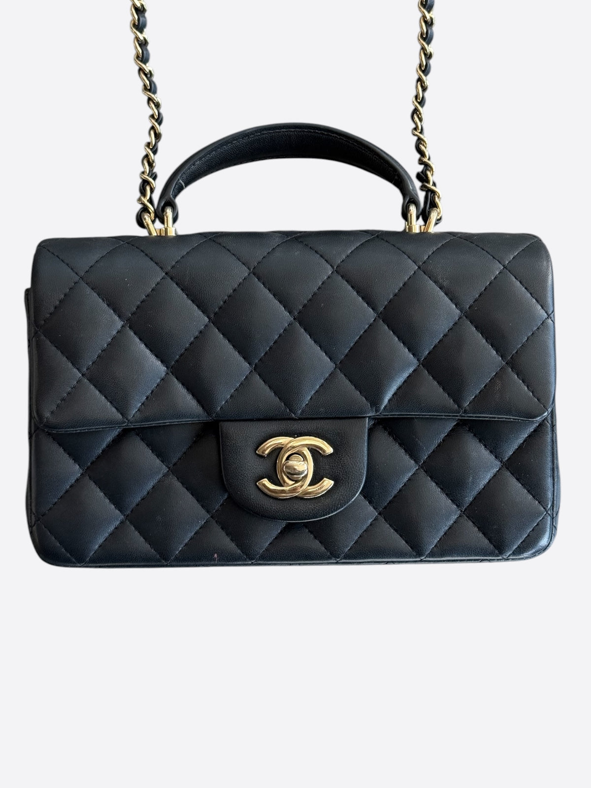 Chanel Black Lambskin Quilted Mini Top Handle Flap Bag