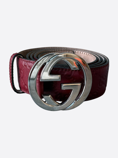 Gucci Burgundy & Silver Guccissima Interlocking G Belt