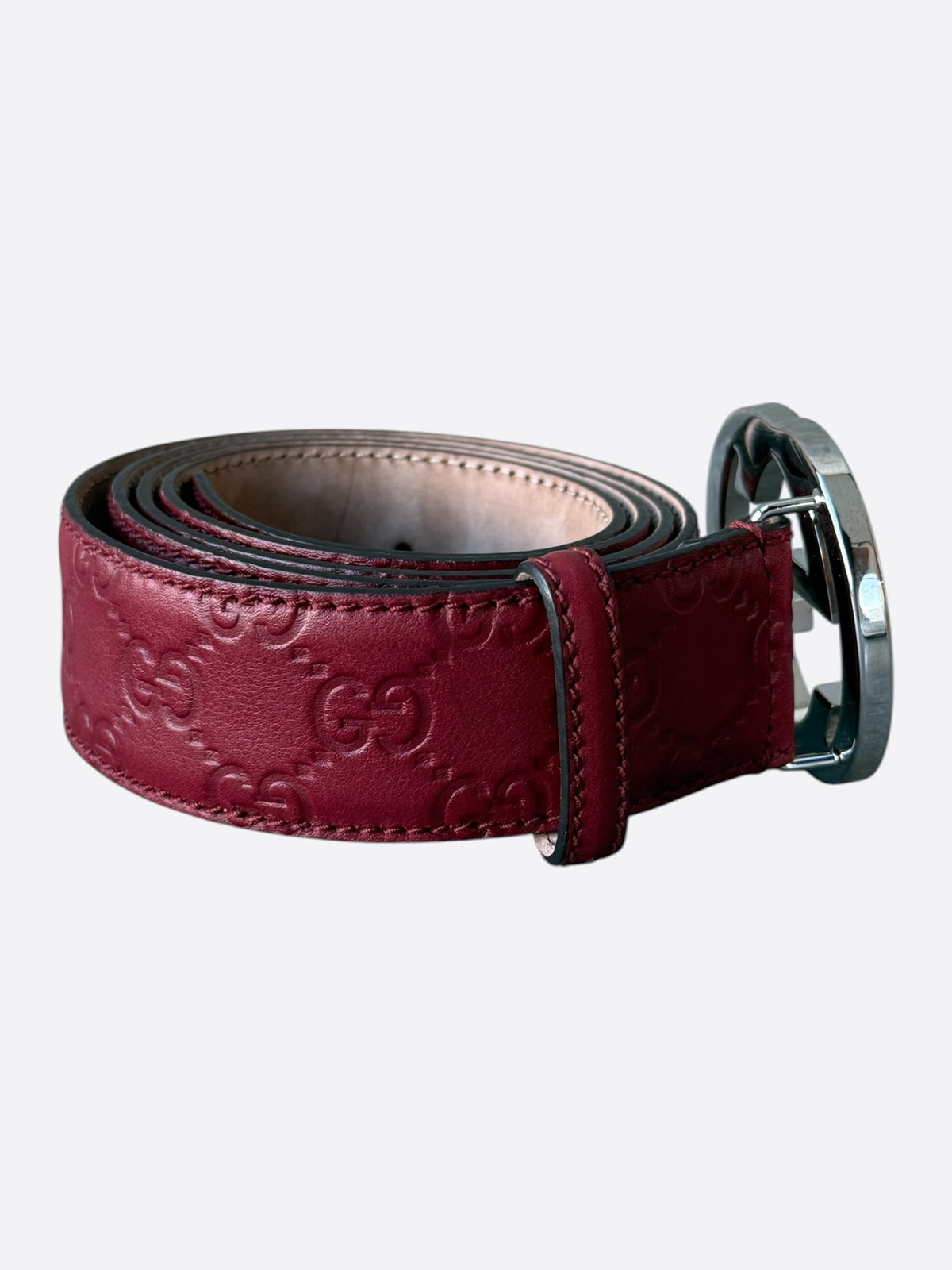 Gucci Burgundy & Silver Guccissima Interlocking G Belt
