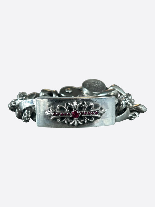 Chrome Hearts Silver & Ruby Fancy Link Floral Cross Cuban Bracelet