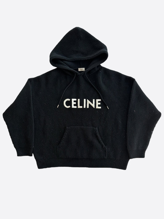 Celine Black & White Logo Ribbed Wool Hoodie