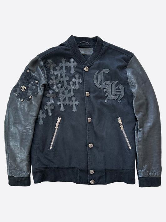 Chrome Hearts Black Leather Cross Patch Bomber Jacket