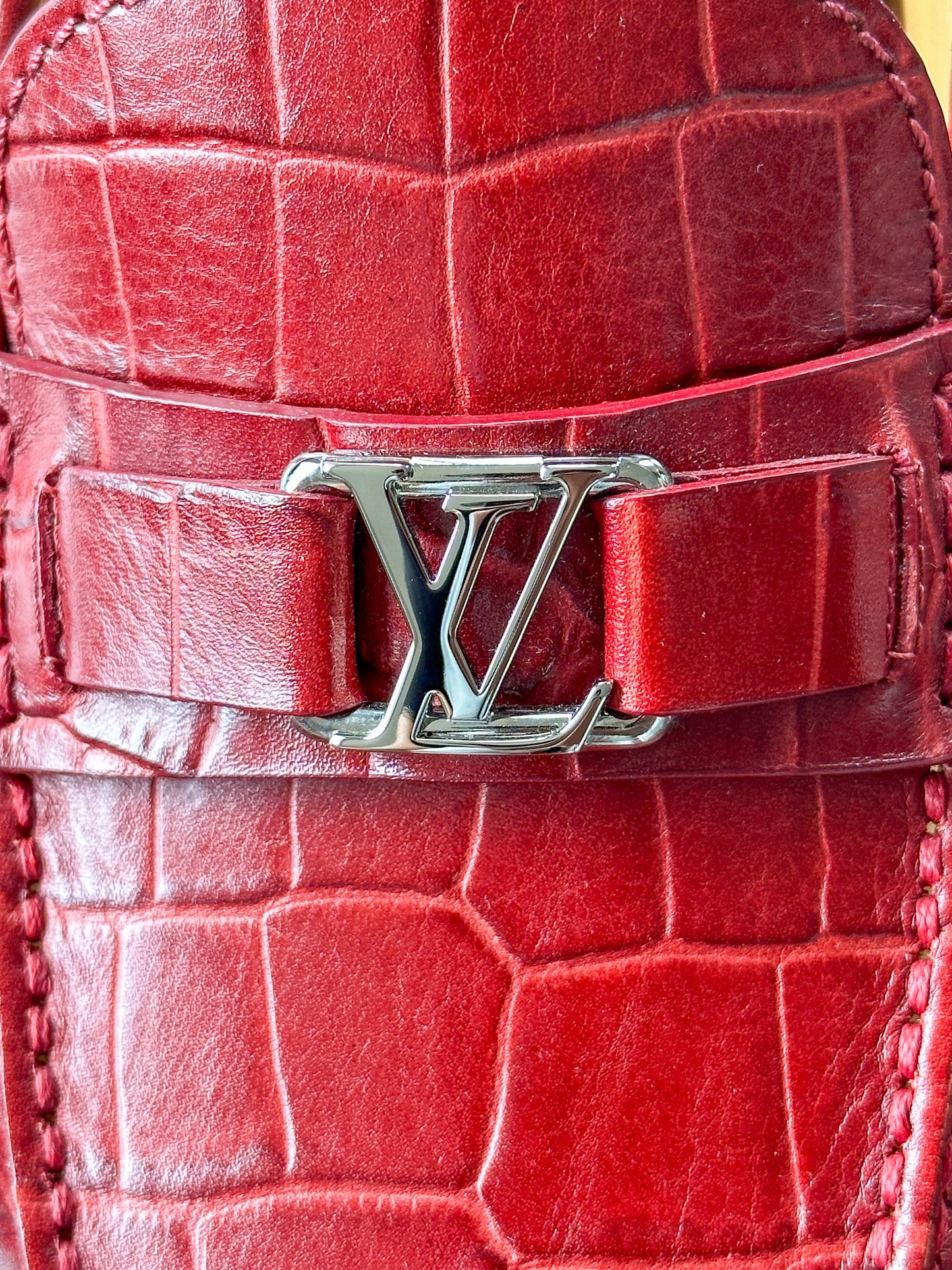 Louis Vuitton Red Embossed Alligator Moccasins