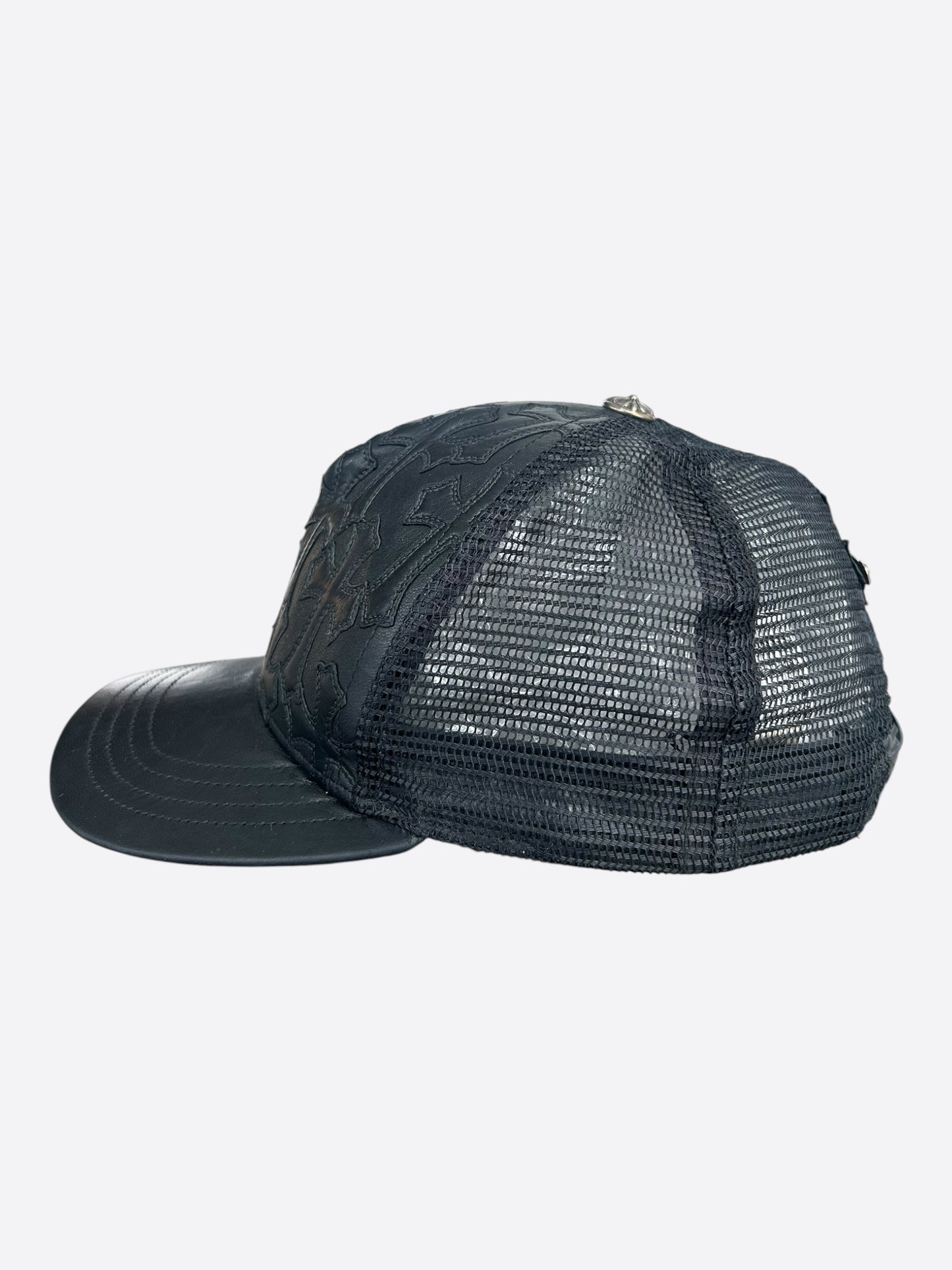 Chrome Hearts Black Leather Cemetery Cross Patch Trucker Hat
