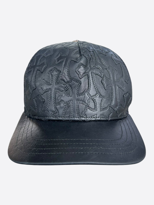 Chrome Hearts Black Leather Cemetery Cross Patch Trucker Hat